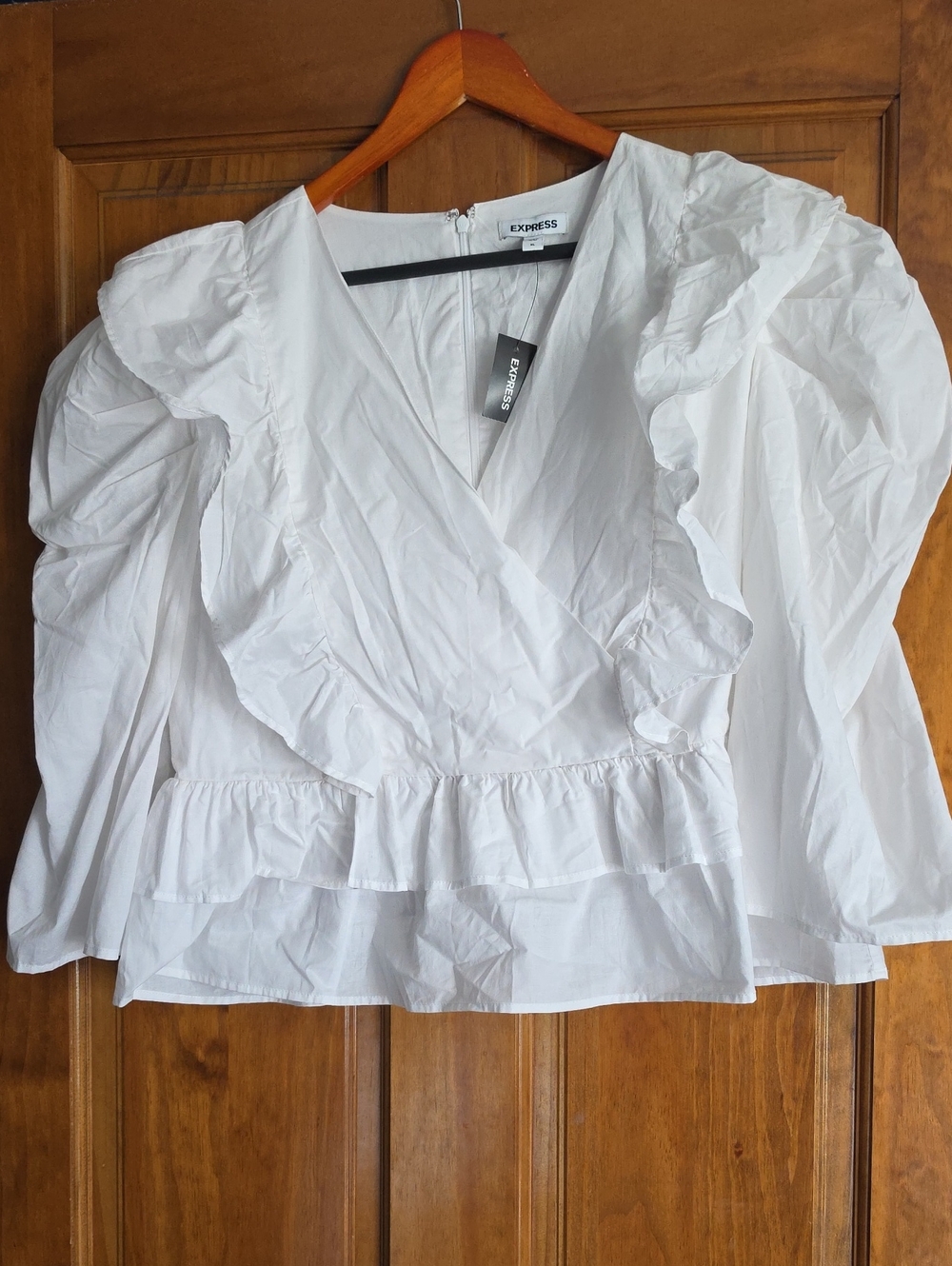 Express White Ruffle Wrap Blouse with Puff Sleeves